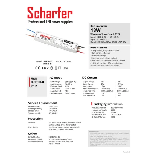 SCH-18-24 LED Tápegység 24V DC / 0,75A, 100-250VAC, 18W, IP67