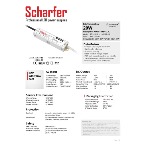 SCH-20-12 LED Tápegység 12V DC / 1,67A, 185-250V AC, 20W, IP67