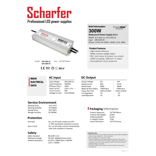 SCH-300-24 LED Tápegység 24V DC / 12,5A, 190-250V AC, 300W, IP67