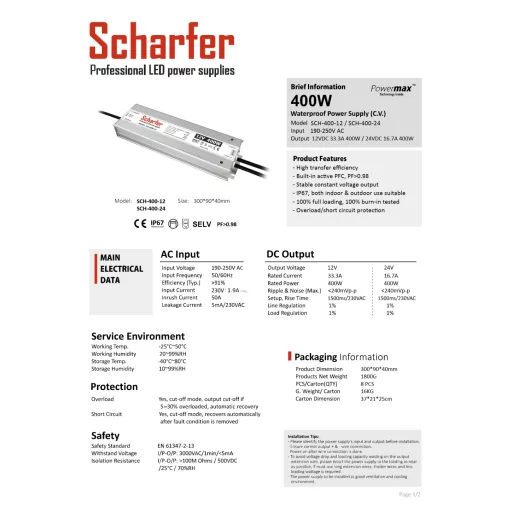 SCH-400-12 LED Tápegység 12V DC / 33,3A, 190-250V AC, 400W, IP67