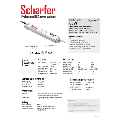 SCH-60-24 LED Tápegység 24V DC / 2,5A, 185-250V AC, 60W, IP67